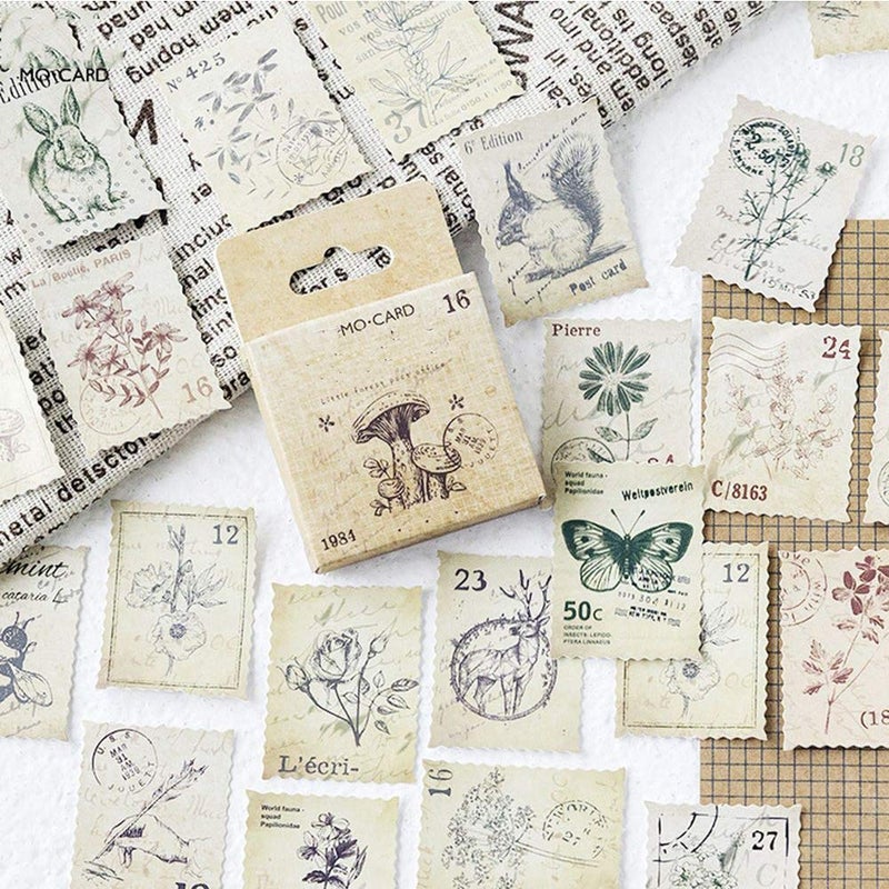 EORTA 138 Pcs/3 Sets Post Stamp Stickers Retro Cute Plants/Animals Decorative Sticker Square Adhesive Sticker Envelope/Bag Seal by EORTA for Diary Planner Bottles Scrapbook DIY Craft Gift, Forest Theme - Image 1